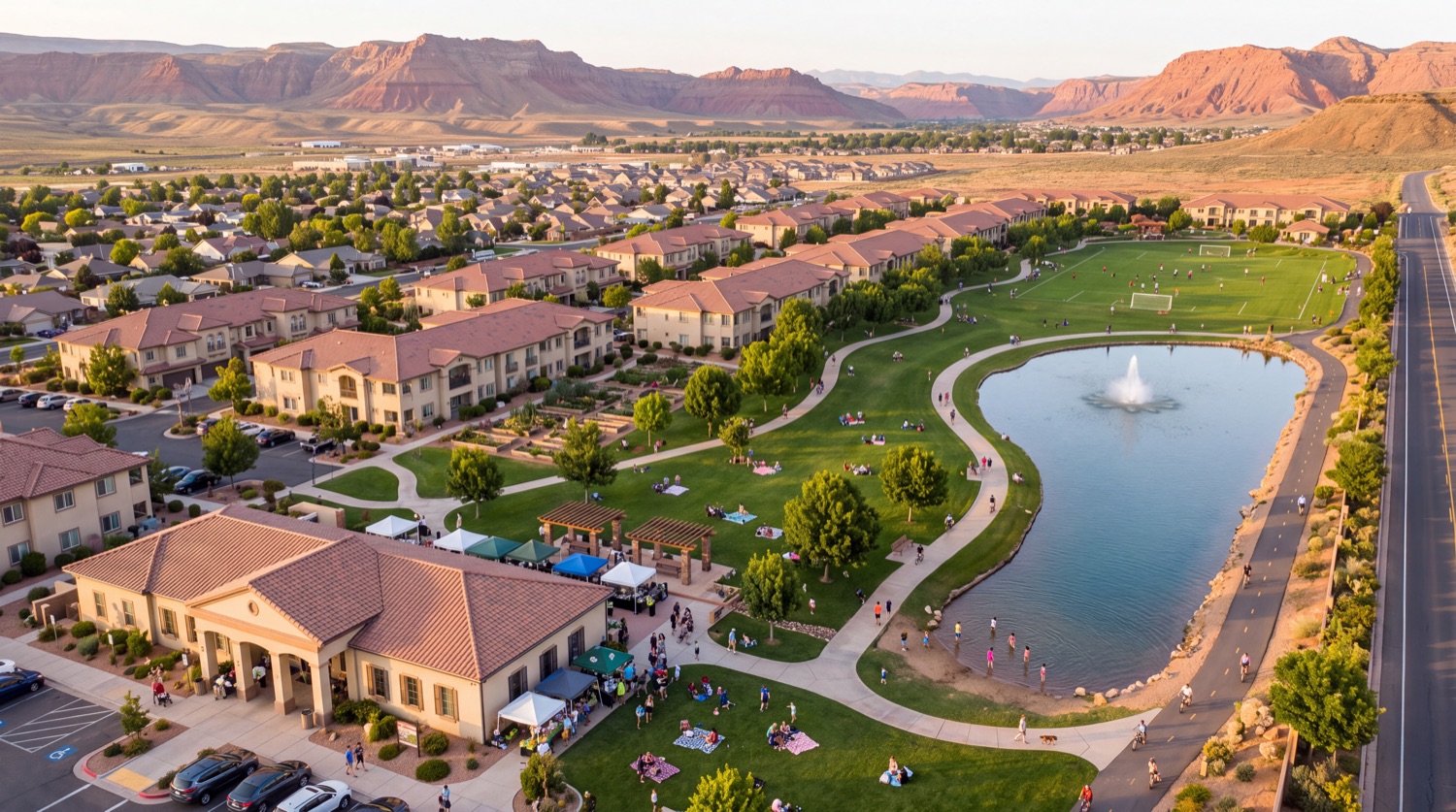 A fairway running through condominium blocks, used as a public greenbelt. Families picnic on the grass, there is a marked soccer pitch, children in the shallow edge of the lake, a trail with cyclists running its length, allotments between the blocks and a market under the clubhouse portico. No gates.