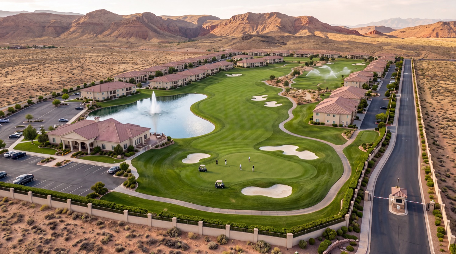 The same development, private. An immaculate emerald course with sprinklers running in the afternoon, an ornamental lake with a fountain jet, a guardhouse and lowered barrier at the single entrance, an ornamental wall around the whole perimeter, a mostly empty parking lot, four golfers, and bare desert immediately outside the wall with no path to anywhere.