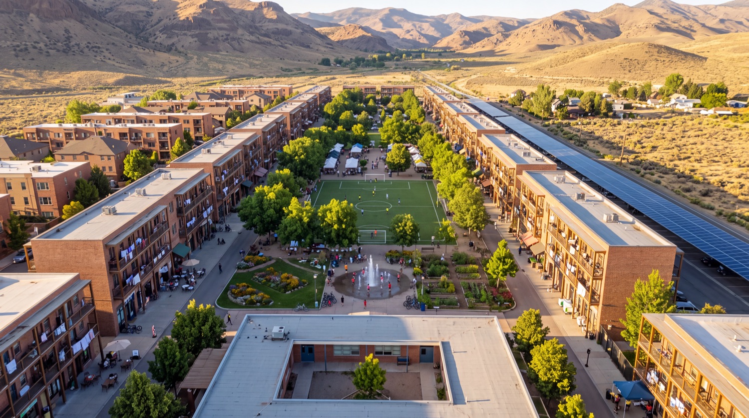 A low-rise settlement along a green corridor. The centre is a park with mature shade trees, a marked soccer pitch with a game underway, allotments, a fountain with children in it, and market stalls under the trees. Front doors stand open, cafe tables are on the pavement, and there are no fences anywhere.