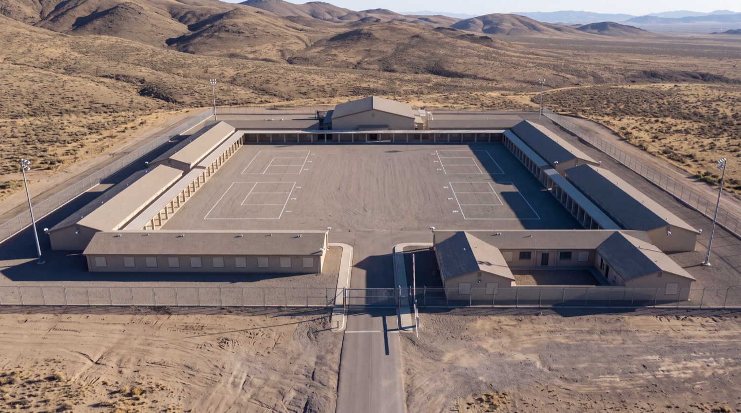The same campus, now a facility. The field is bare gravel marked with white painted assembly rectangles, a tall perimeter fence surrounds it with a single gate and barrier, floodlight masts stand at every corner, every blind is closed, and there is nobody present.