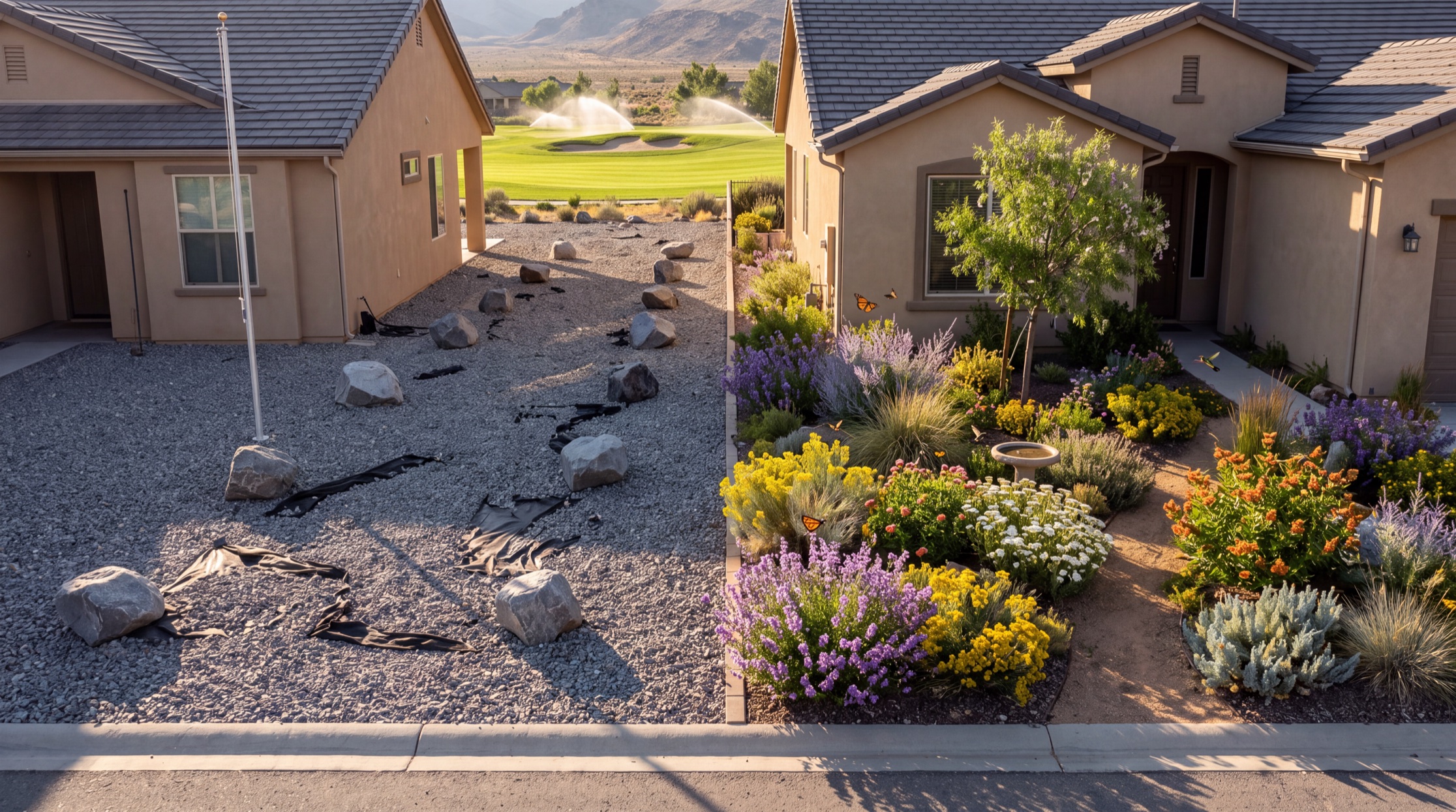 Two identical suburban houses on a cul-de-sac, separated by a fence. The left yard is bare grey crushed rock scattered with large boulders and torn weed fabric, with nothing living on it at all. The right yard is a dense native garden in full bloom with a small tree giving shade, a birdbath, and monarch butterflies over the flowers. Behind them both, across the road, a golf course with its sprinklers running.